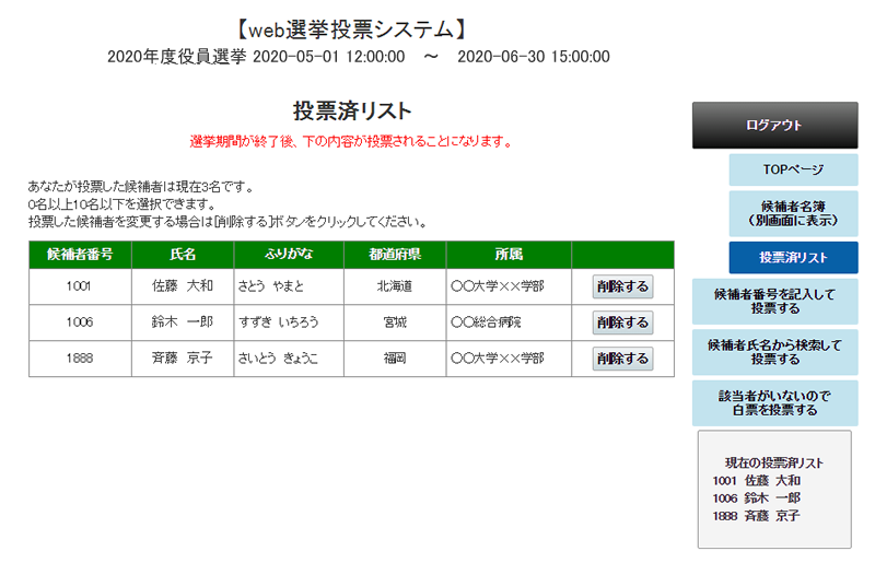 投票済リストの画面